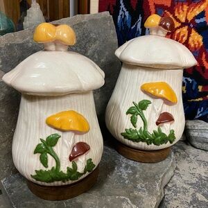 Pair of Vintage Mushroom Ceramic Canisters